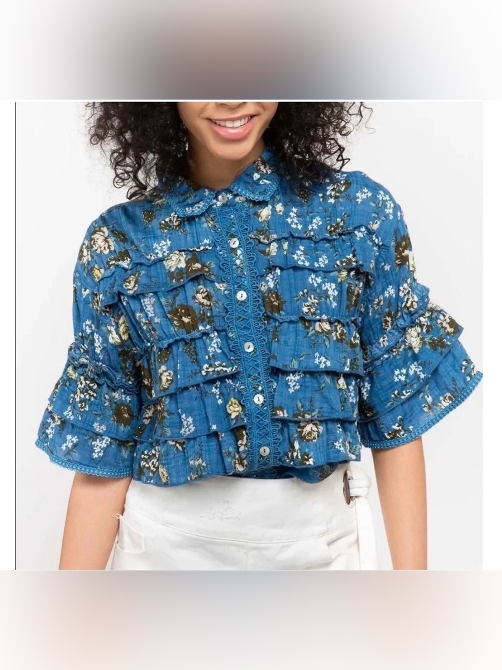 Pol Thorn & Thicket Blouse  button-down cottage floral ruffles romantic casual M